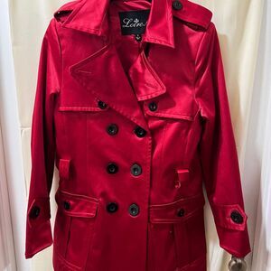 Love‎ NY  Red Satin Double-Breasted Trench Coat Military Style Jacket-Small